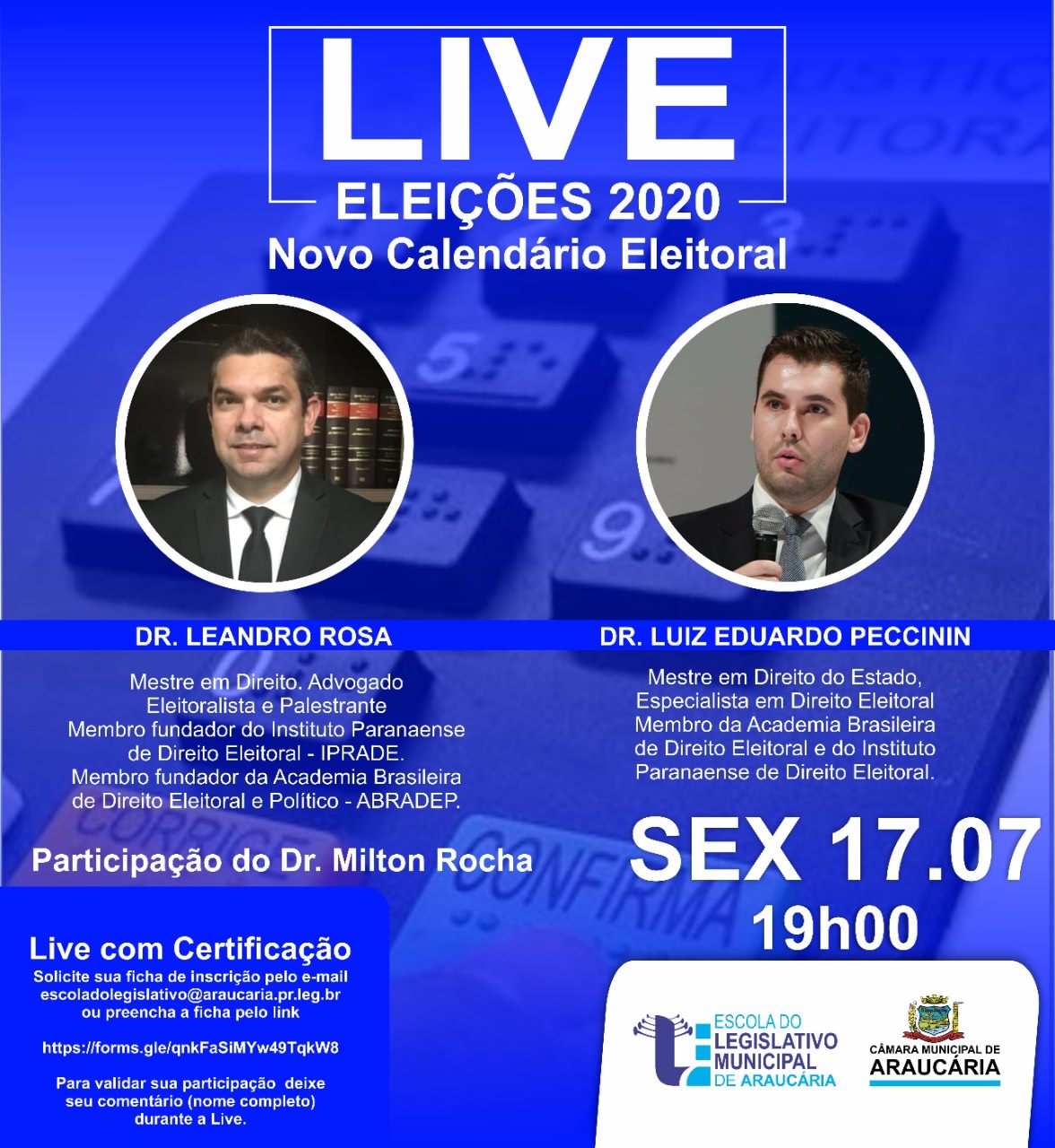 Live Escola do Legislativo traz o tema: "Eleições 2020 - Novo Calendário Eleitoral"